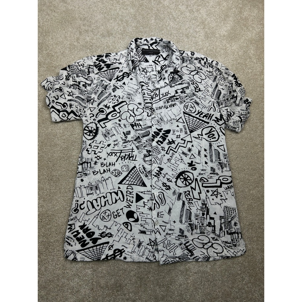 No Boundaries Graffiti Doodle Print Button Front Shirt S White Black Streetwear